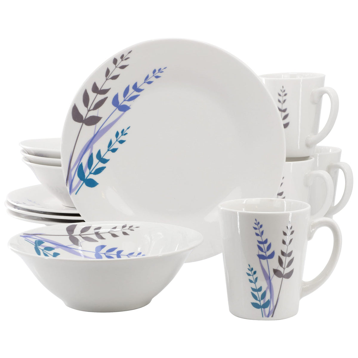 Gibson Home Blue Leaves 12 Piece Round Fine Ceramic Decorated Dinnerware Set in White