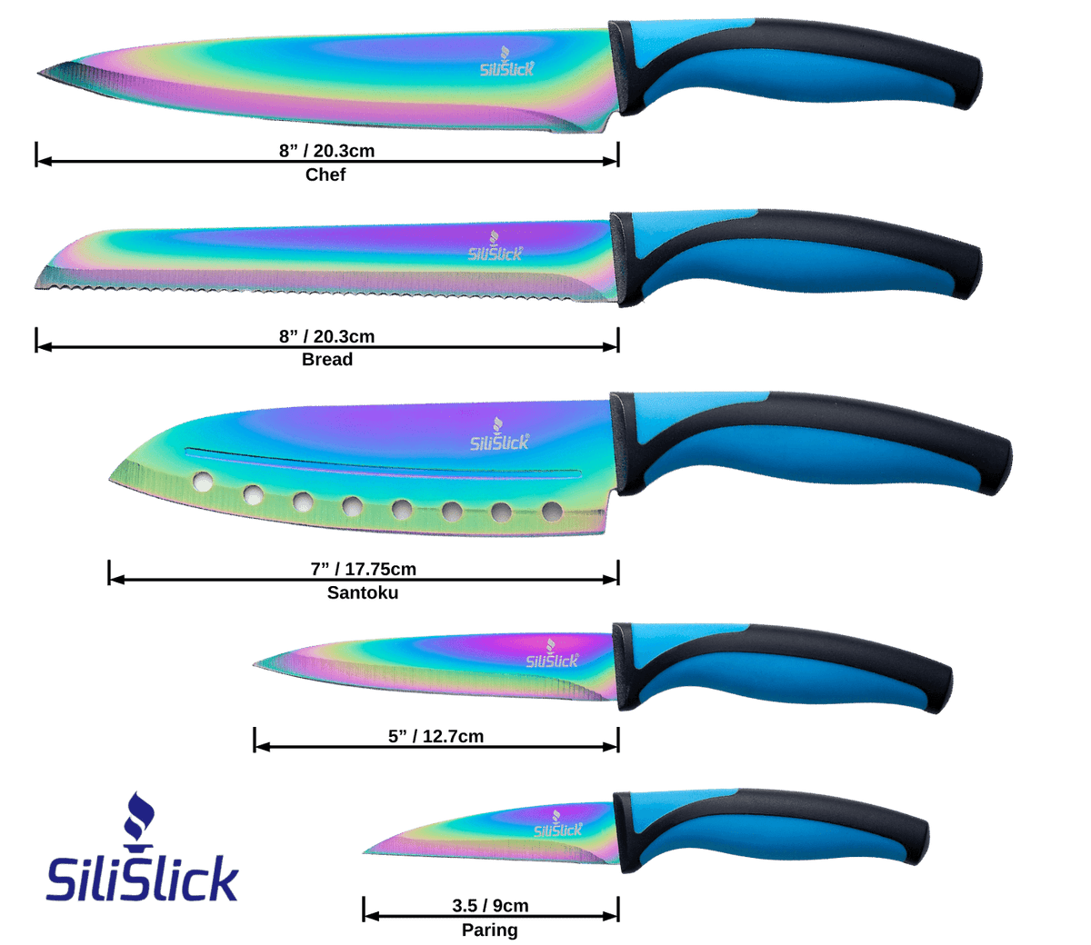Kitchen Knife Set Kit | Blue Handle, Black Magnetic Rack & Sharpener