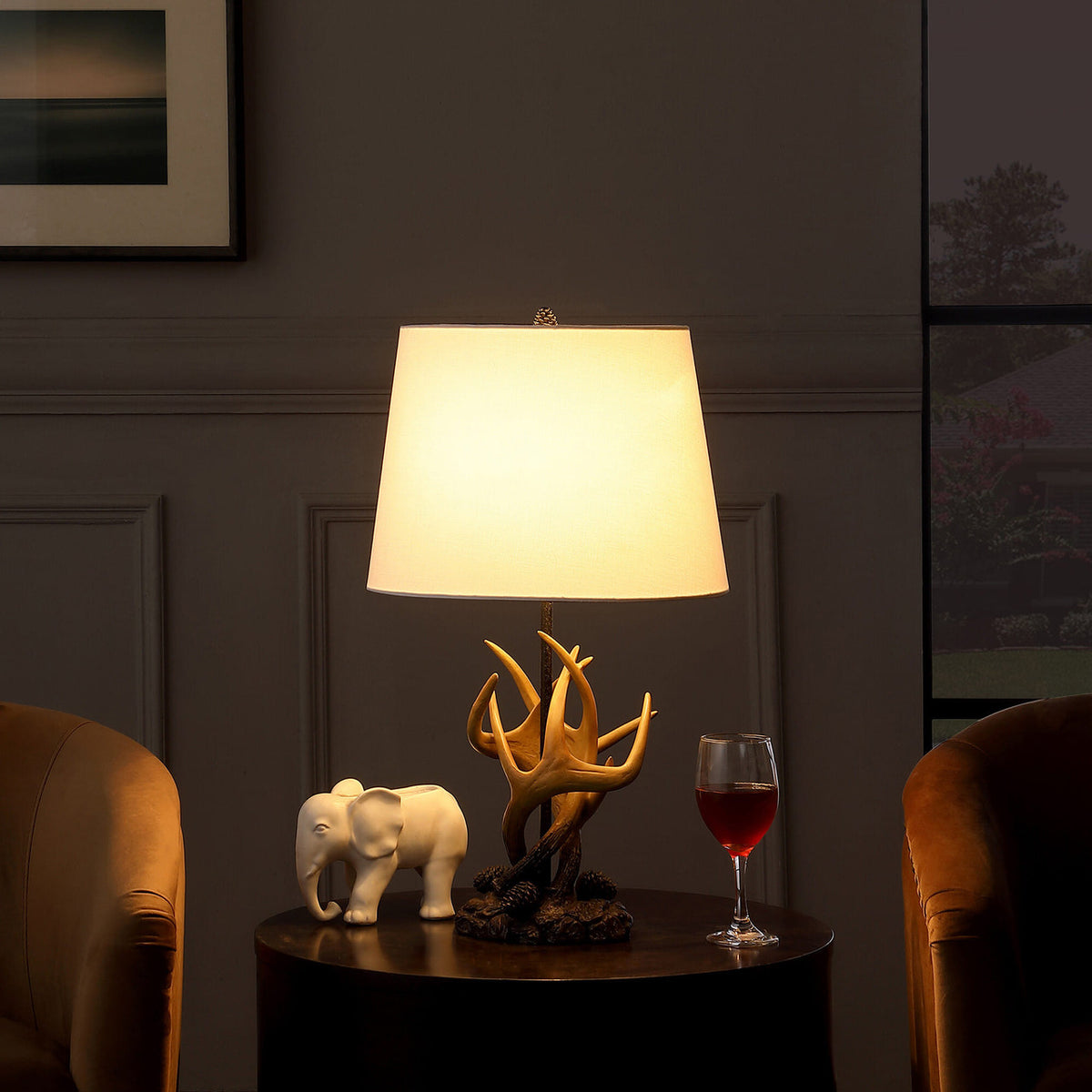 26" Natural And Brown Antlers Table Lamp With White Shade