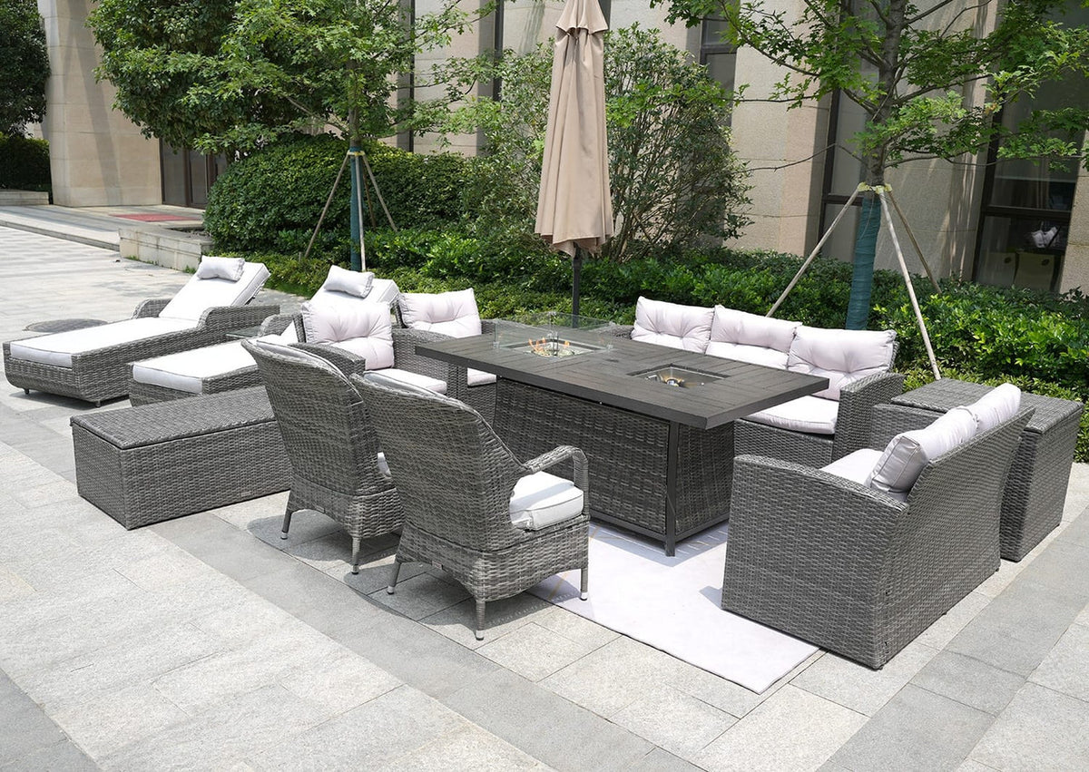Twelve Piece Outdoor Gray Wicker Multiple Chairs Seating Group Fire Pit Included with White Cushions