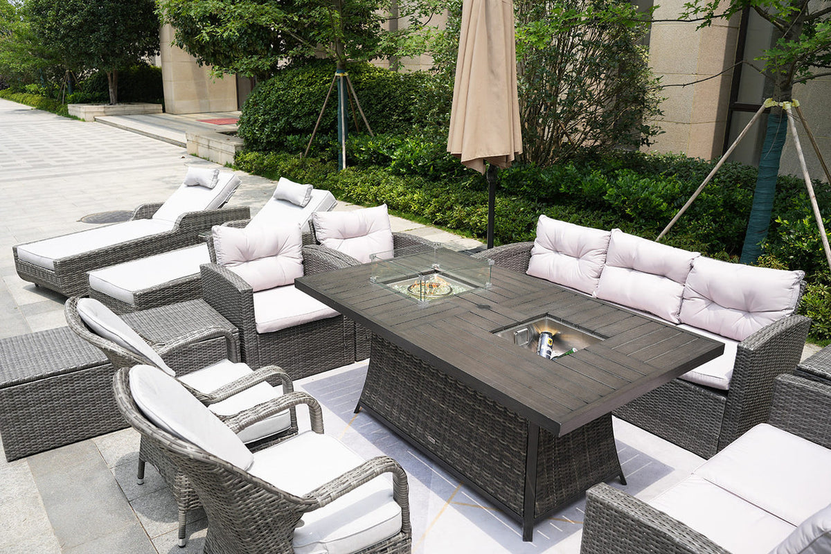 Twelve Piece Outdoor Gray Wicker Multiple Chairs Seating Group Fire Pit Included with White Cushions