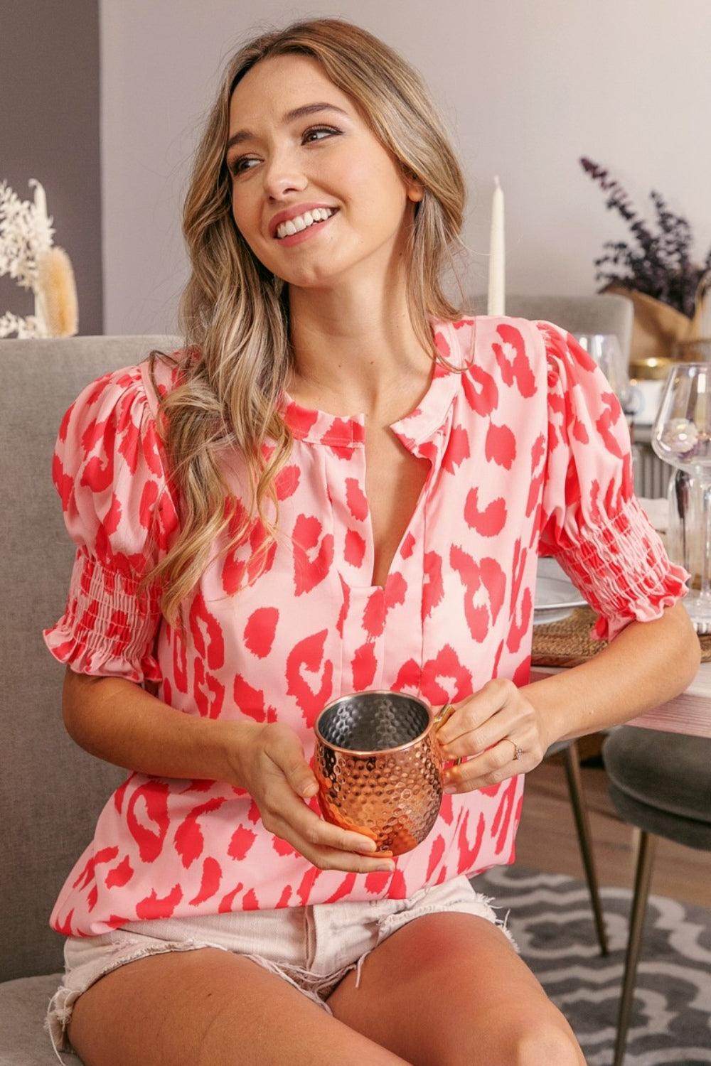 BiBi Leopard Smocked Short-Sleeve Blouse