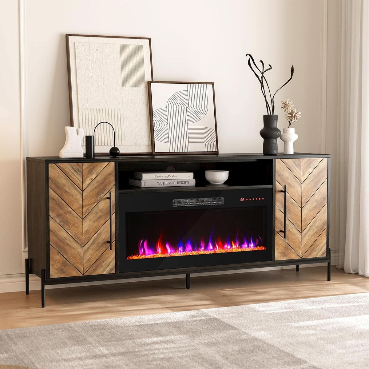 68 Inch TV Stand With 36 Inch Electric Fireplace Heater