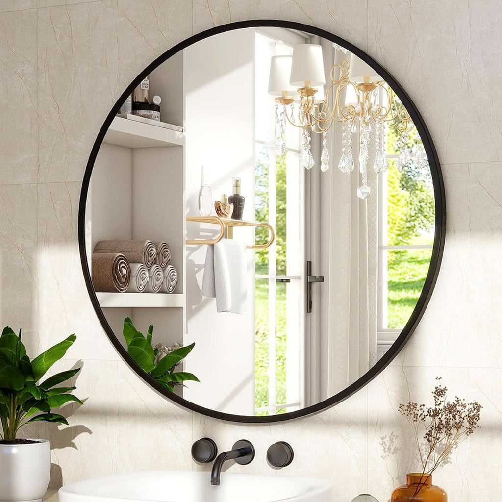 24 Inch Matte Black Round Wall Mirror For Bathroom Vanity And Living Room Decor