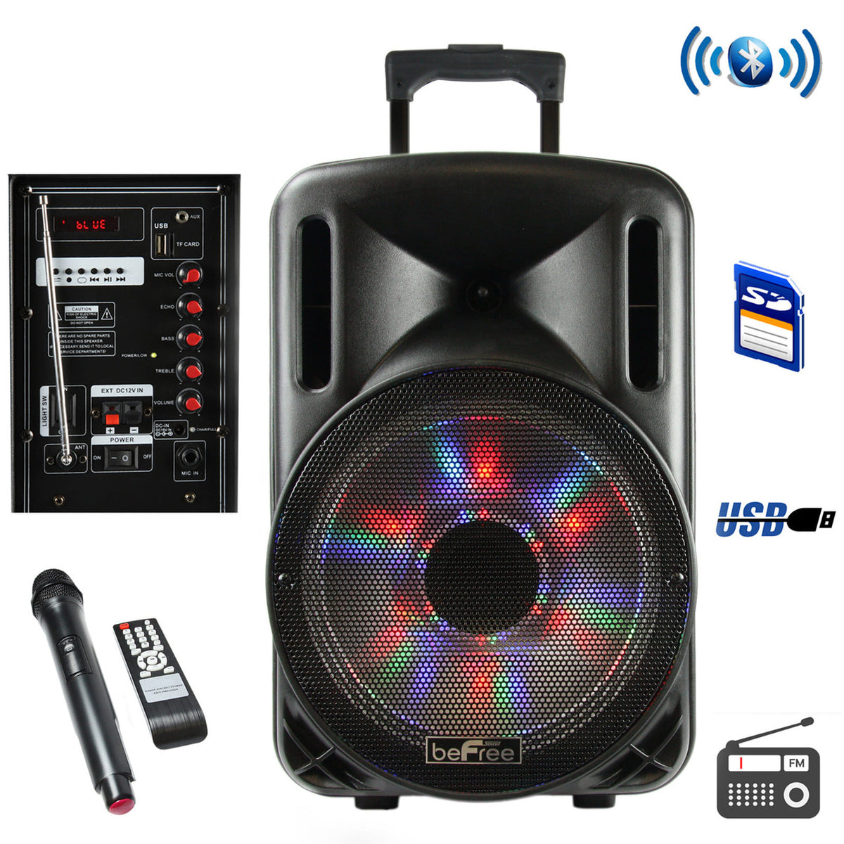beFree Sound 12-Inch Rechargeable Bluetooth Party Speaker with Lights