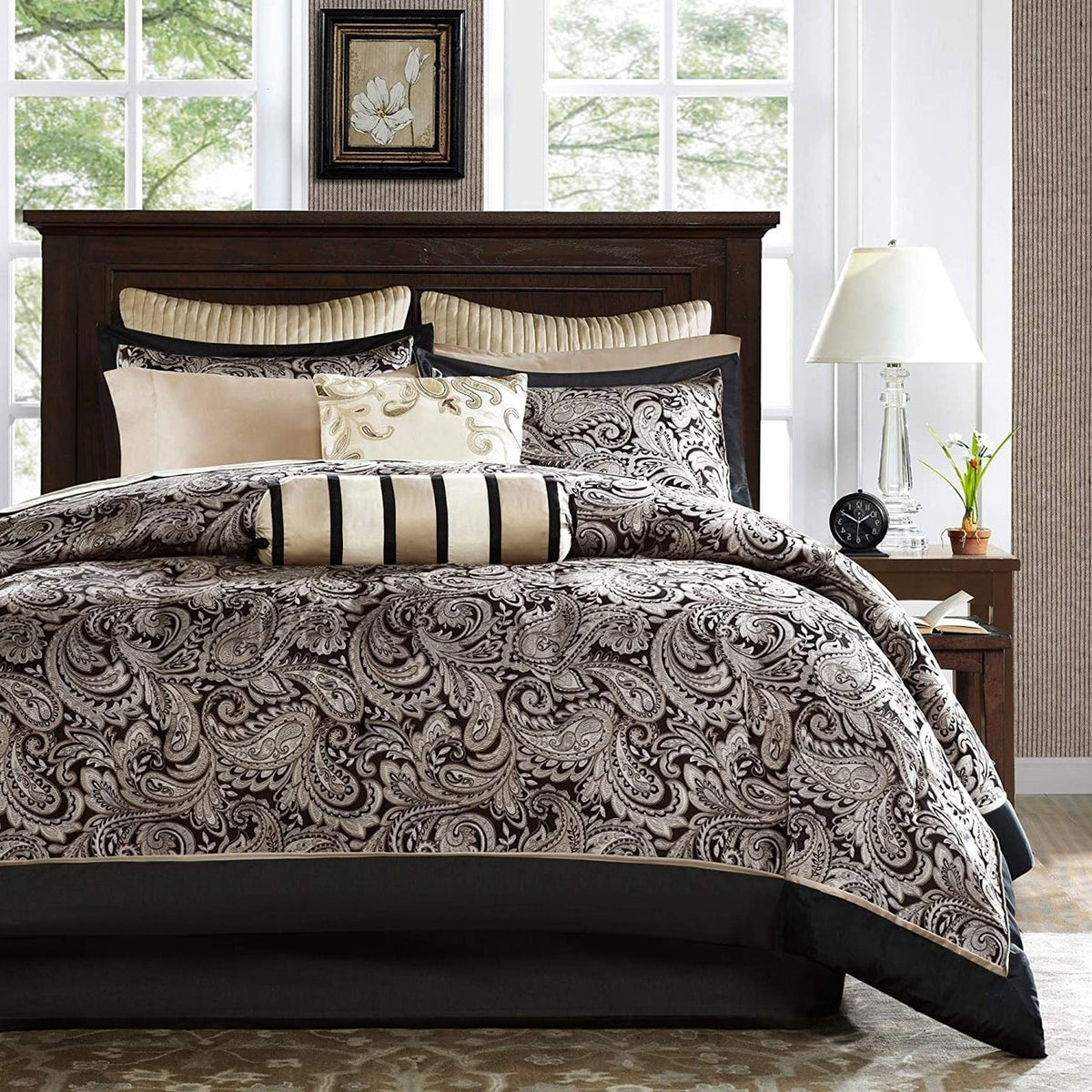King 12 Piece Cotton Polyester Comforter Set Black Gold Paisley