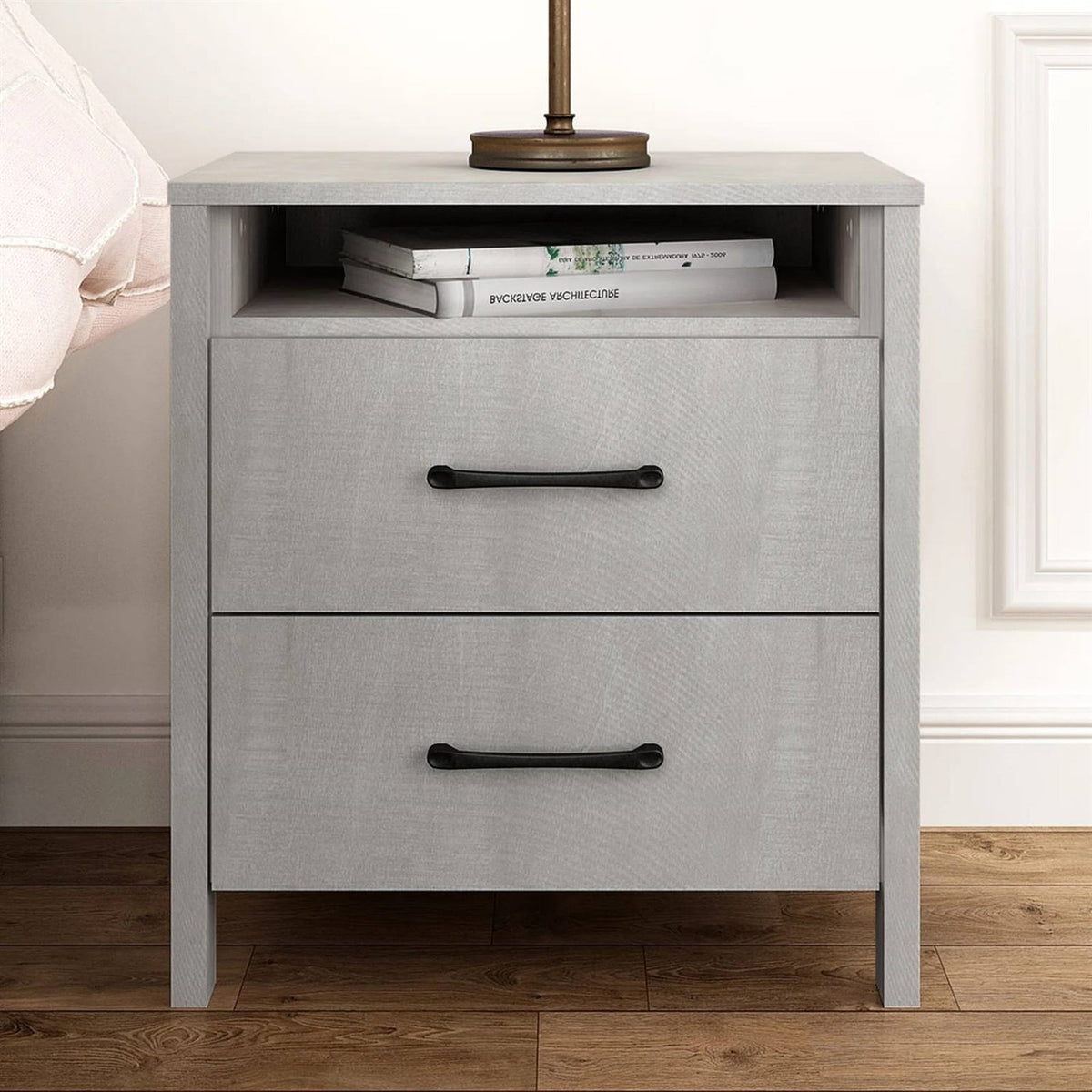Modern Farmhouse Bedroom 2-Drawer Bedside Table Nightstand in Grey Wood Finish