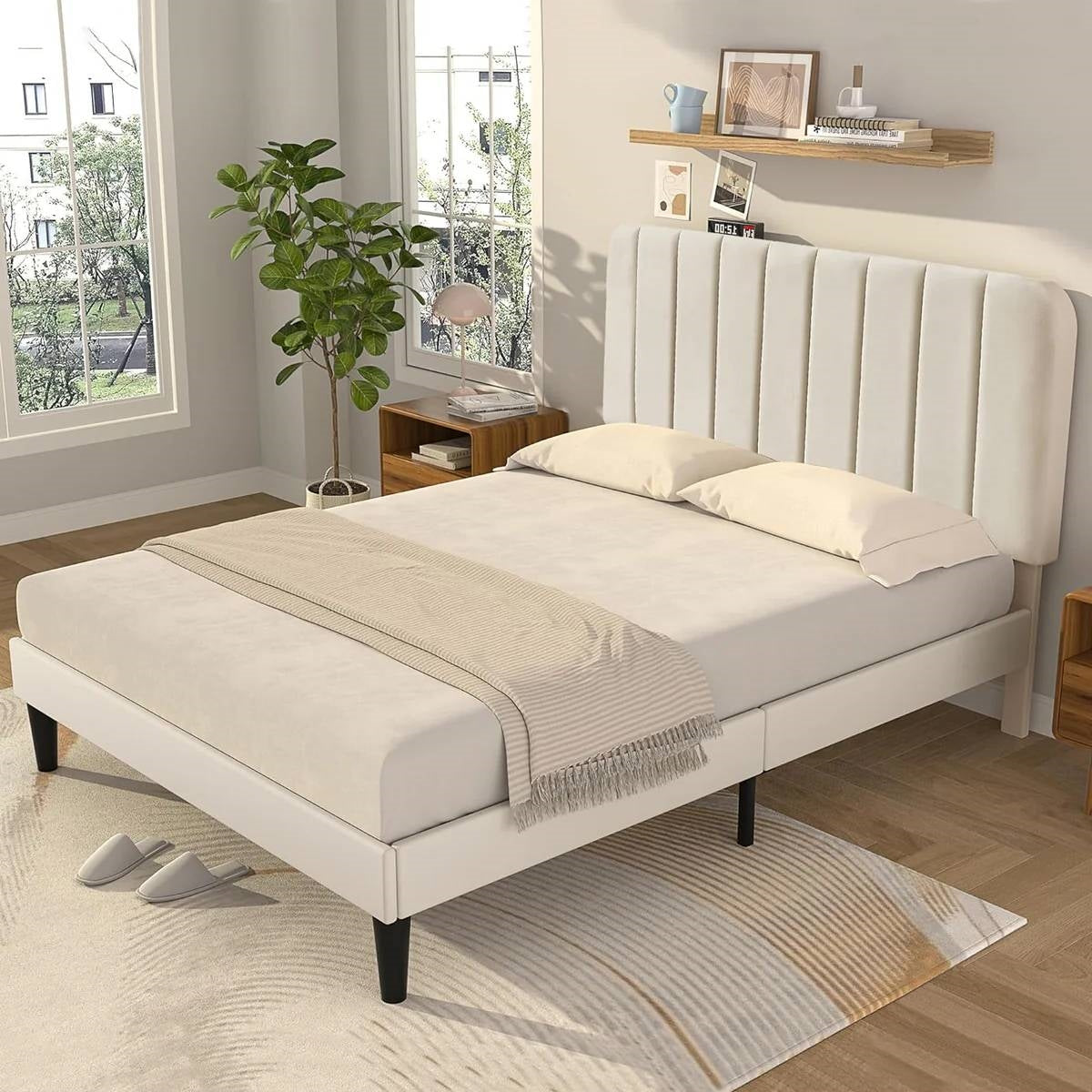 Full size Beige Upholstered Platform Bed Frame with Headboard