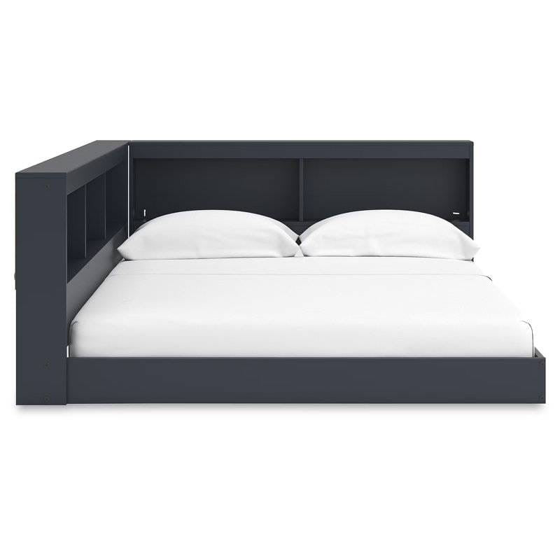 Full size Blue Wooden Corner Storage Bed with Bookcase Headboard and USB Ports