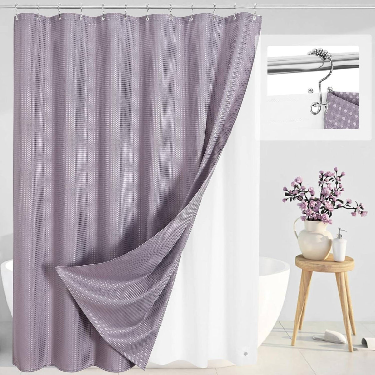 72"W x 72"H Lavender Waffle Textured Shower Curtain Set with Liner