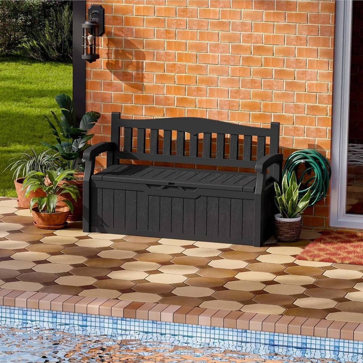 Heavy Duty Black Plastic Outdoor Storage Garden Bench Patio Deck Box