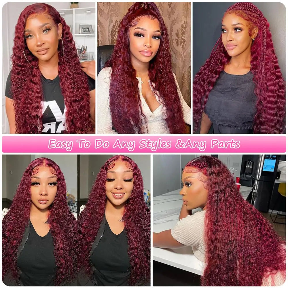 Burgundy Deep-Wave Lace-Front Human Hair Wig