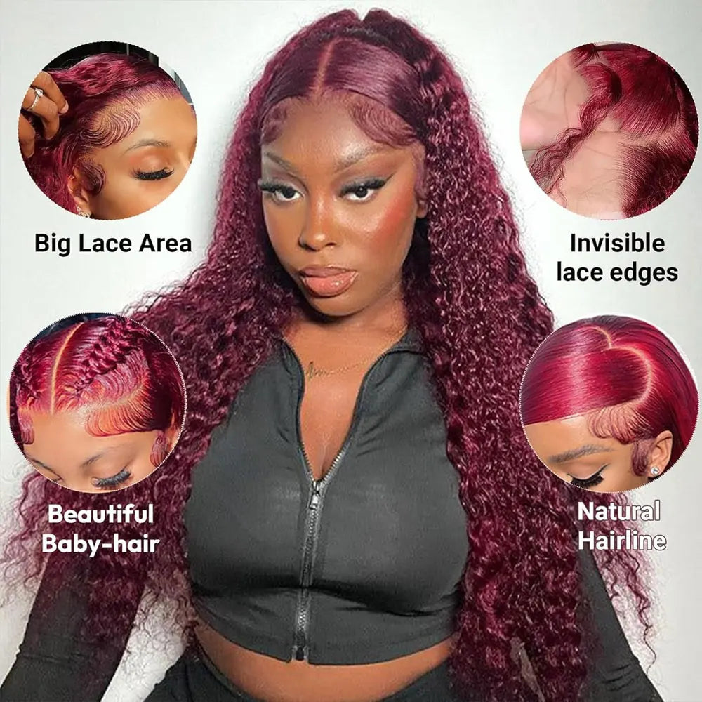 Burgundy Deep-Wave Lace-Front Human Hair Wig