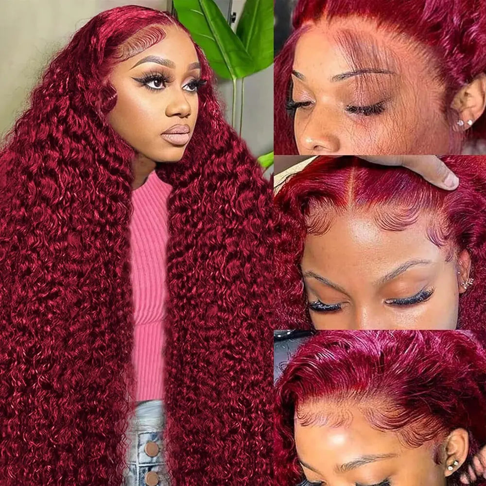 Burgundy Deep-Wave Lace-Front Human Hair Wig