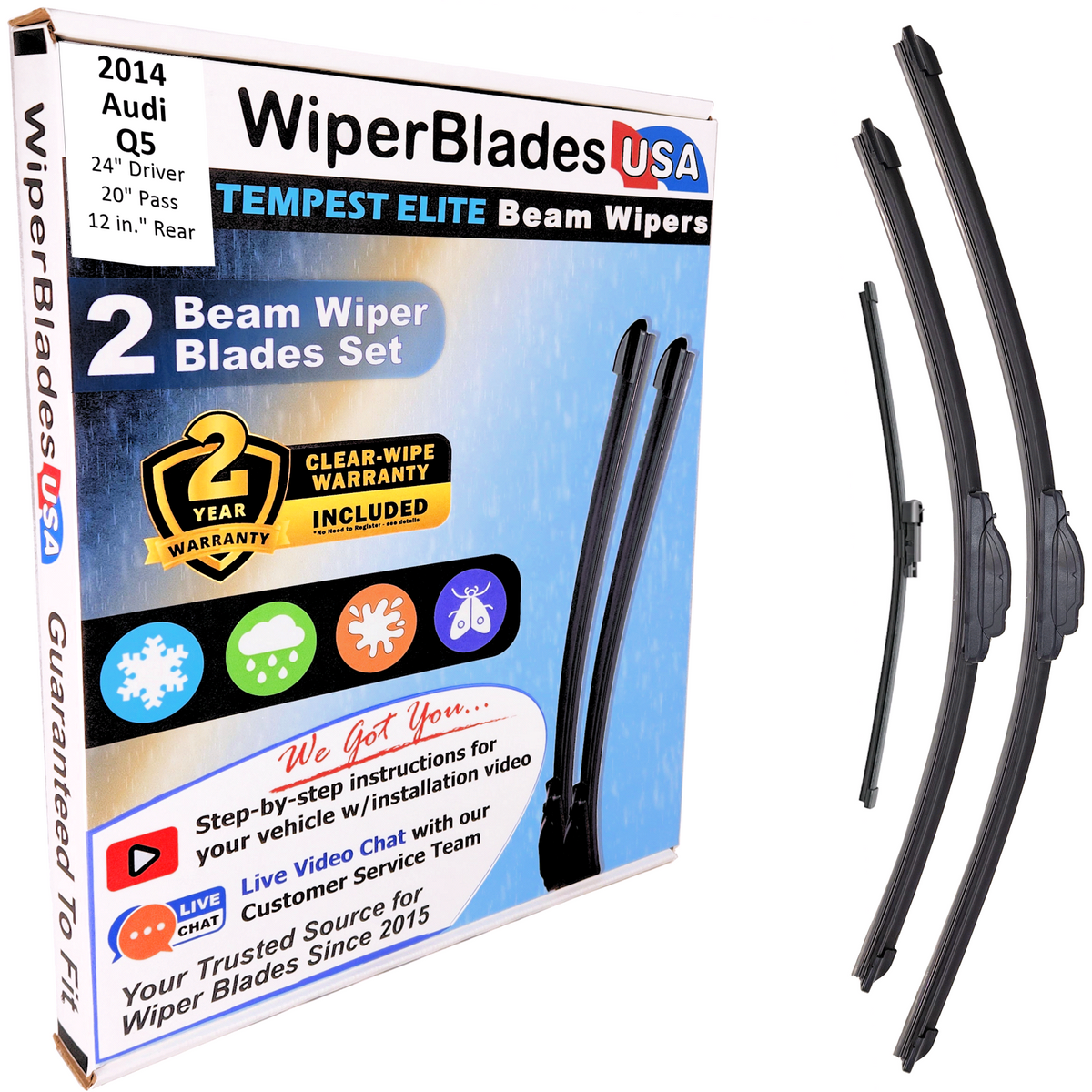 2014 Audi Q5 Wiper Blades w/2yr Wear Warranty (Set of 3) w/Rear Beam Wipers