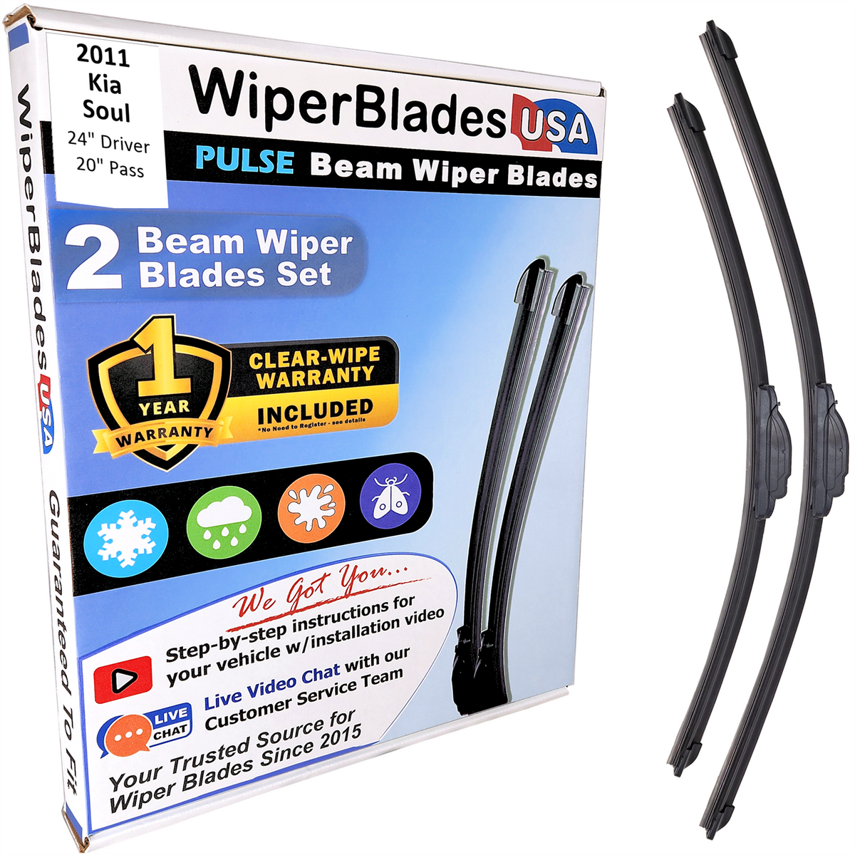 2011 Kia Soul Wiper Blades Set w/1yr Wear Warranty (Set of 2) Pulse Beam Wipers