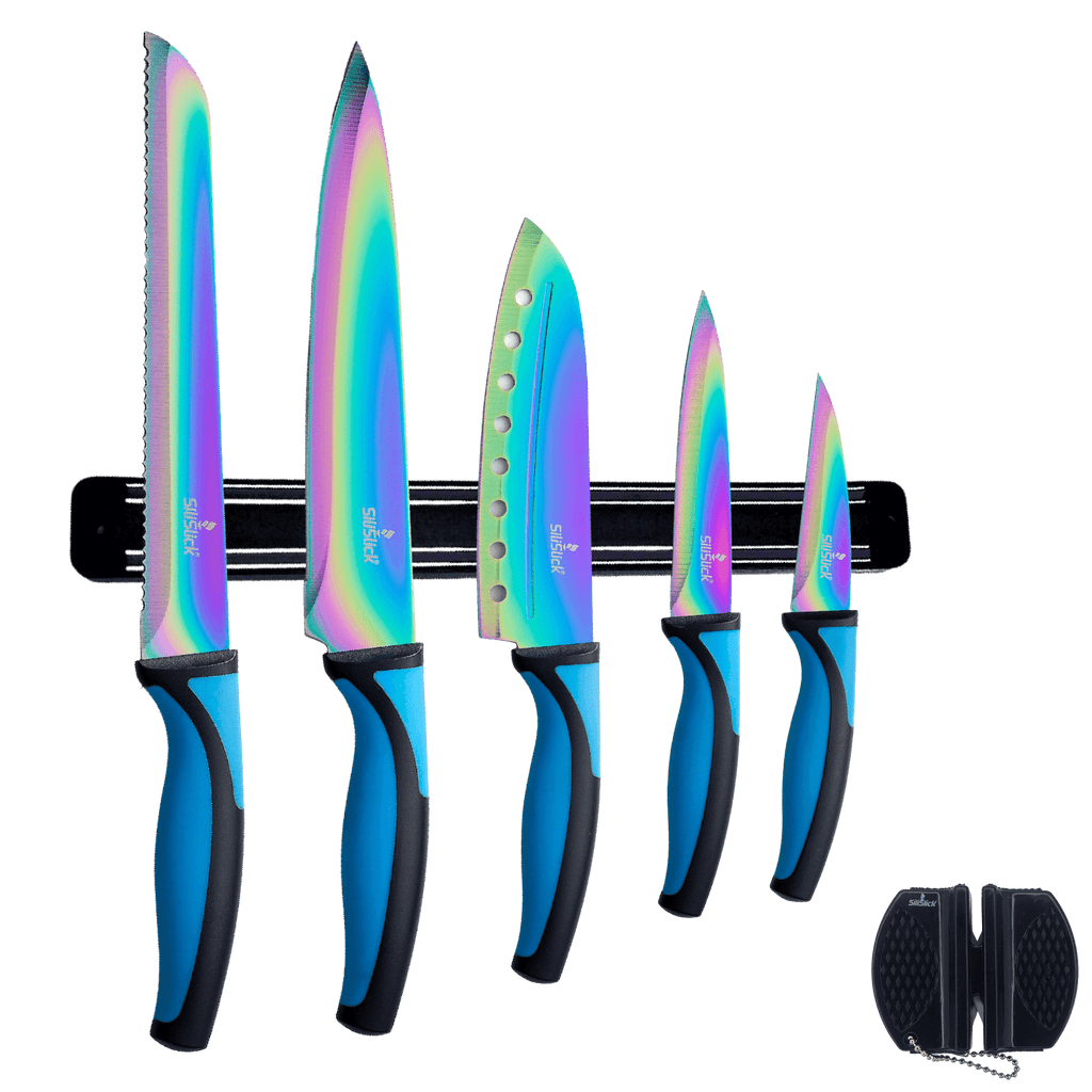 Kitchen Knife Set Kit | Blue Handle, Black Magnetic Rack & Sharpener