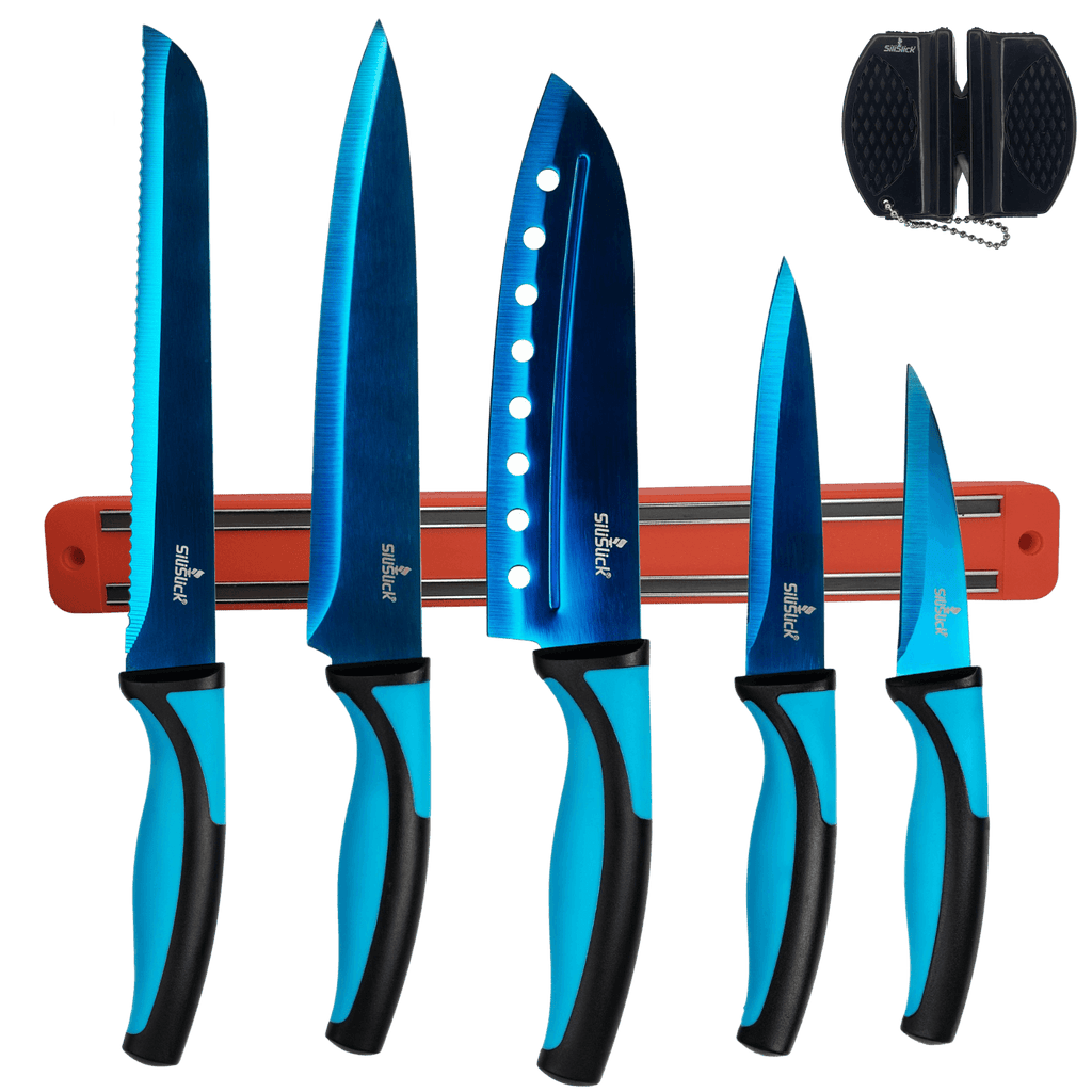 SiliSlick Kitchen Knife Set with Magnetic Rack & Portable Sharpener