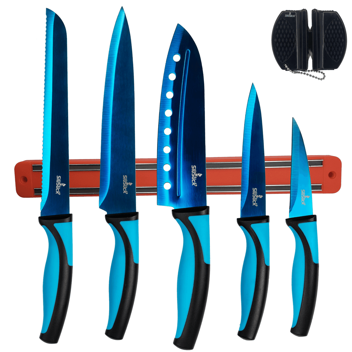 SiliSlick Kitchen Knife Set with Magnetic Rack & Portable Sharpener