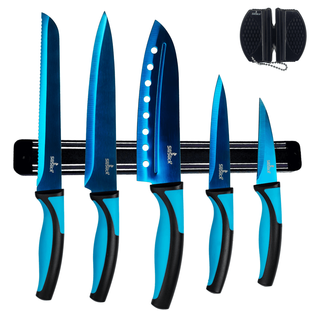 Kitchen Knife Set Kit & Black Magnetic Rack & sharpener