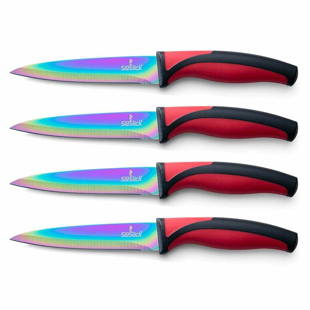 Steak Knife Set 4 Rainbow Titanium Coated Blades & Red Handles